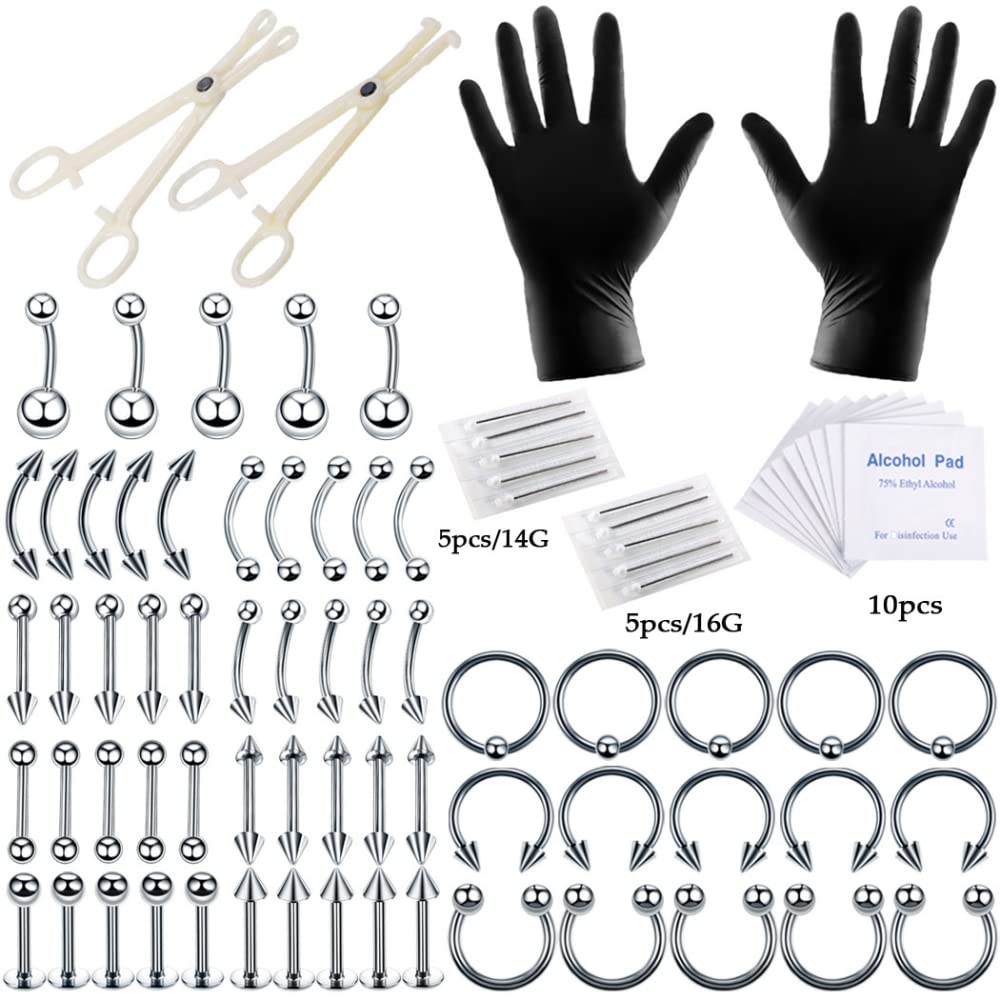 GenericLYLYMIMI 84PCS Body Piercing Kit Belly Button Rings Tongue Ear Tragus Cartilage Helix Daith Rook Lip Eyebrow Nose Rings Surgical Steel 14G 16G Piercing Needles Tools