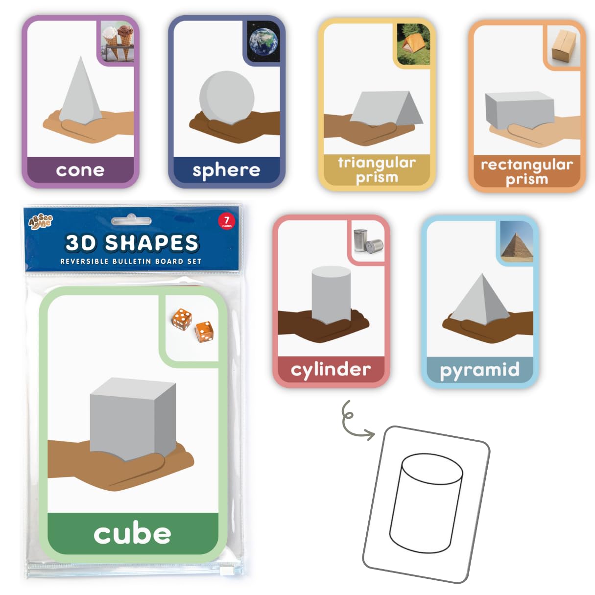 ABSee Me 3D Shape Bulletin Board Set - 7 PCS Reversible Shape Flash Cards Manipulatives for Kindergarten - 3D Shapes for Kids Wall Decor Math Poster - 3 Dimensional Shapes Math Posters for Classroom