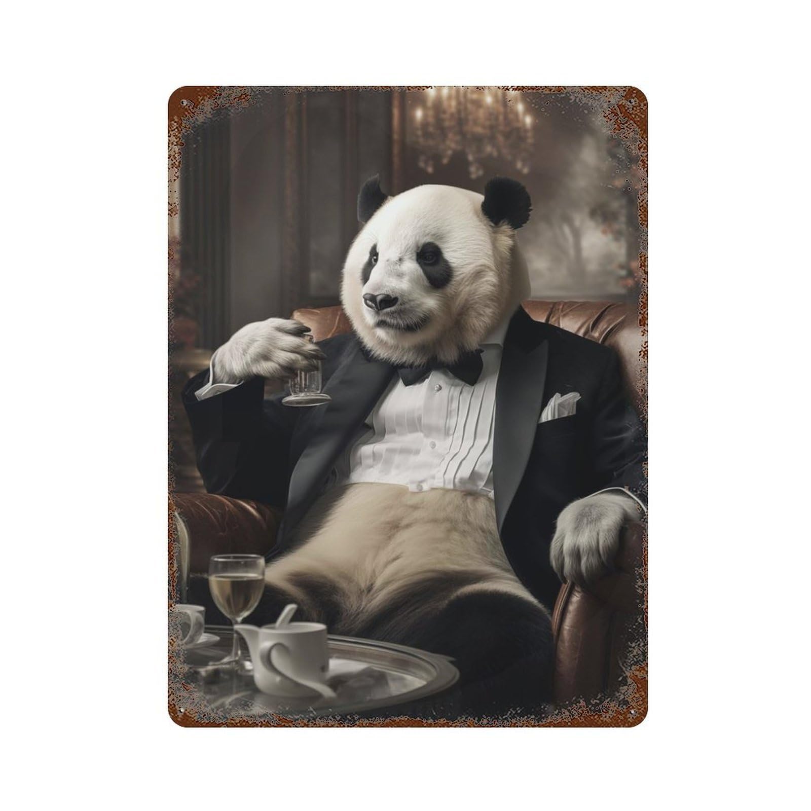 Vintage Rust Metal Sign Panda in A Tuxedo 15.7"x11.8", Novelty Wall Decor for Garage, Bar And Workshop Decor