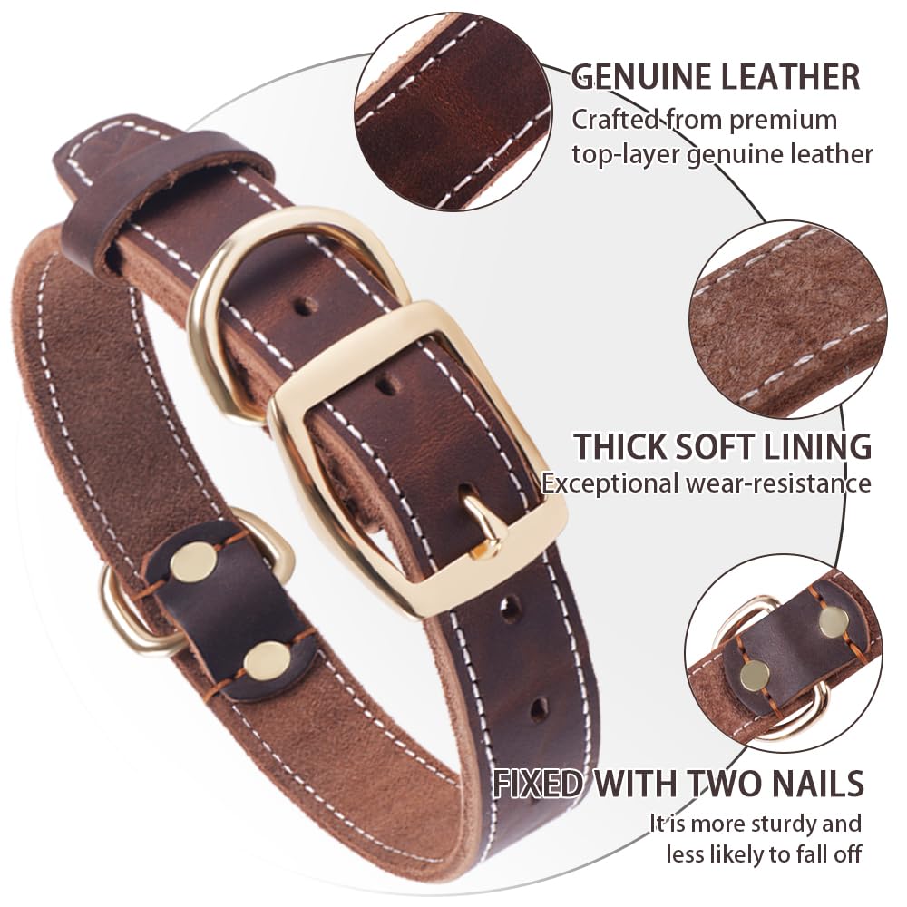 Heavy Duty Genuine Leather Dog Collar, Adjustable Brown Design, Soft and Strong with Metal Buckle and D-Ring for Small Medium - Image 2