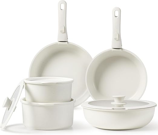 CAROTE 11pcs Pots and Pans Set, Nonstick Cookware Set Detachable Handle, Induction Kitchen Cookware Sets Non Stick with Removable Handle, RV Cookware Set, Oven Safe, Cream White