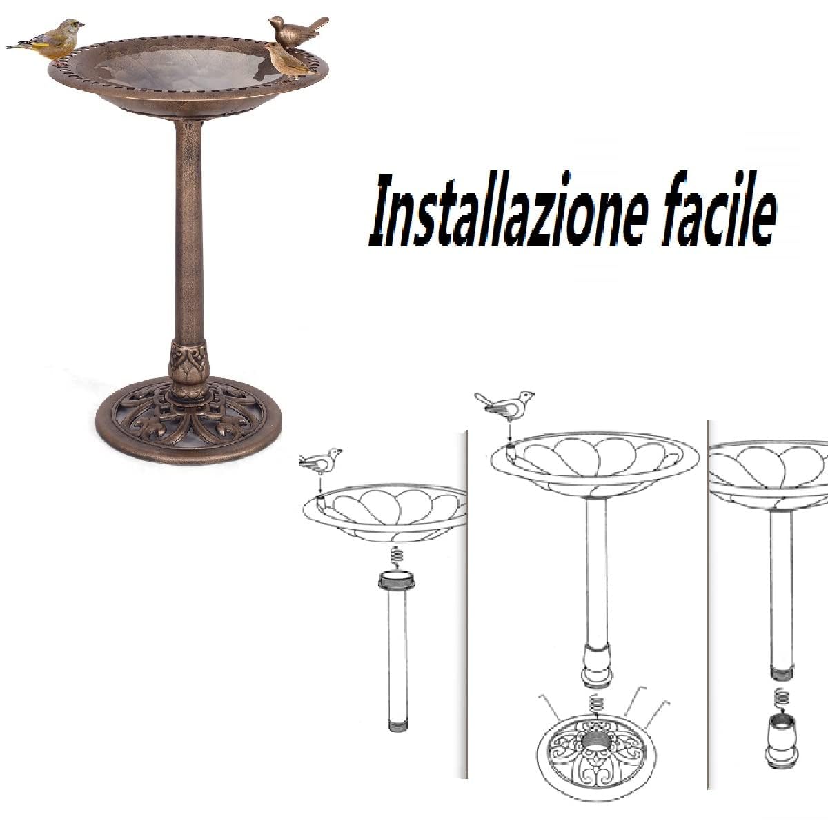 GYMAX Mangiatoia per Uccelli, Abbeveratoio Contenitori per Alimenti e Acqua Uccellini, Decorazioni Retrò per Giardino, Cortile, Patio (Bronzo, Φ51 x 76 cm)