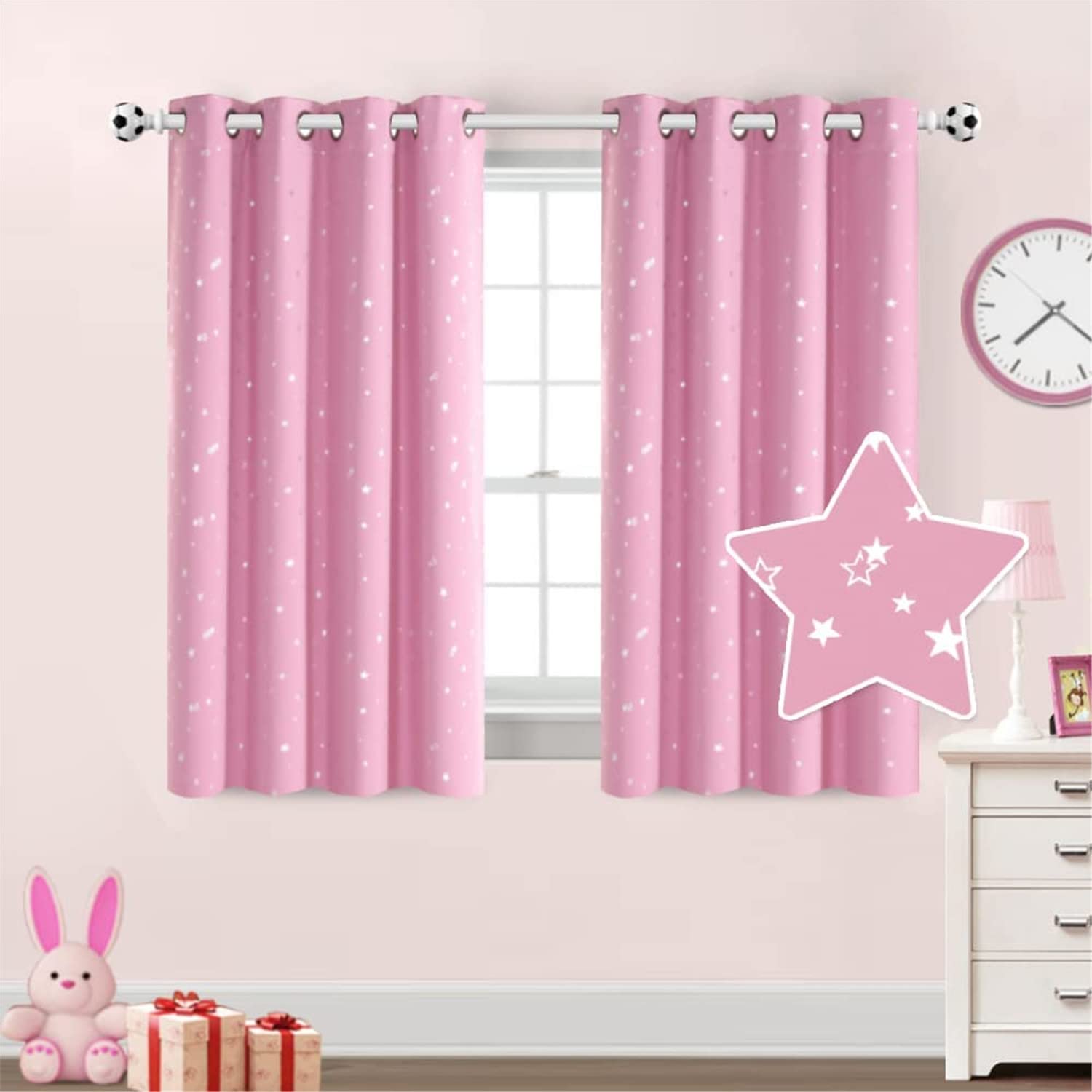 Blackout Star Curtains for Kids Room Boys Girls Twinkle Silver Stars Thermal Insulated Cute Thick Grommet Curtain for Nursery Home Decoration Window Drapes 2 Panels Set (Pink/Silver,2 x 52"Wx54"L)