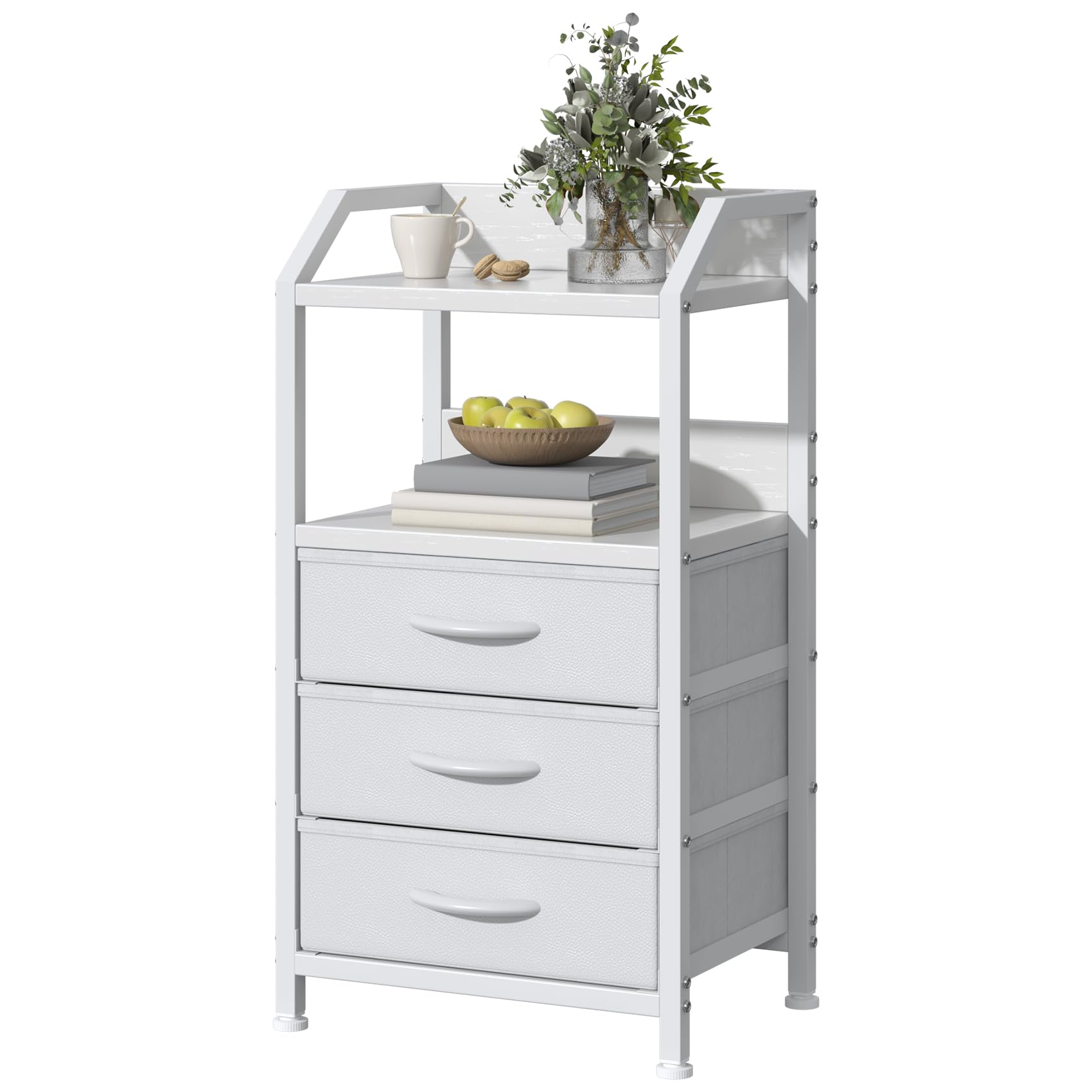 GoaHi Bedside Table with 3 Fabric Drawers & Open Shelf, Nightstand with Wood Top and Metal Frame, Bed Side Table for Bedroom, Living Room, Small Spaces,White