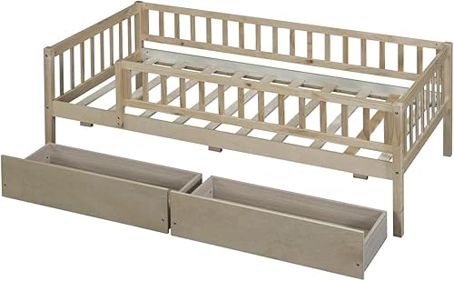 Miniatura 4 de Sofá cama de tamaño individual con 2 cajones de almacenamiento, cama Montessori de madera de pino con rieles de valla para niños y niñas, no