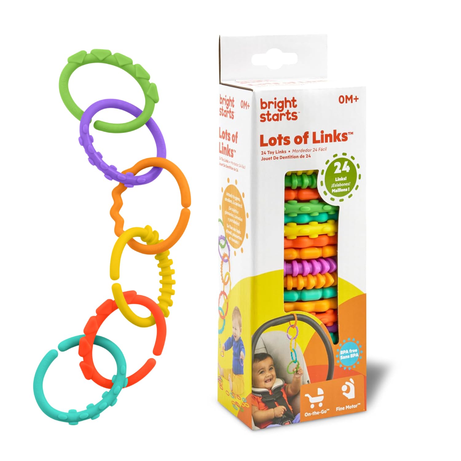 Bright Starts Lots of Links Rings Toys - Stroller Or Carrier Seat - BPA-Free 24 Pcs, Ages 0 Months +