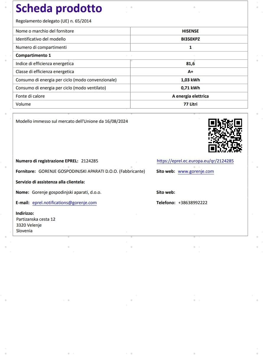 Product data sheet for Hisense BI350XPZ oven, detailing specifications and manufacturer information