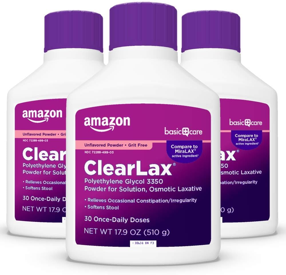 Amazon Basic Care ClearLax, Polyethylene Glycol 3350 Powder for Solution, Osmotic Laxative, Unflavored, 1.11 pound (Pack of 3)