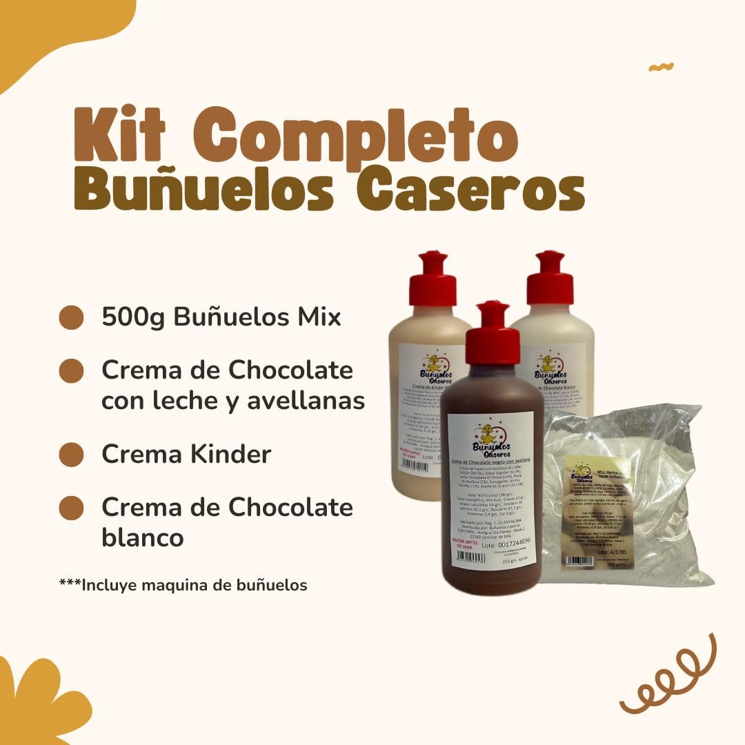 Pack BUÑUELOS CASEROS - Kit BUÑUELO Completo con Mezcla en Polvo para BUÑUELOS, Maquina DE BUÑUELOS y 3 CREMAS - Preparado DE REPOSTERIA Ideal para Todos