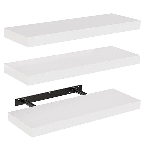 AMADA HOMEFURNISHING Floating Shelves, Wall Shelves for Bathroom/Living Room/Bedroom/Kitchen Decor, White Shelves with Invisible Brackets Set of 3 - AMFS08 - White - 15.7 Inches