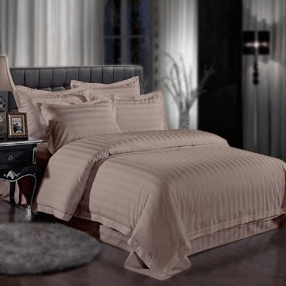 Femfairy 300Tc Glace Cotton Plain Stripe Queen Size Double Bedsheet With 2 Pillow Cover For Home, Hotel, Guest Room (90 X 100) Inch, Tan, 300 Tc-image-17