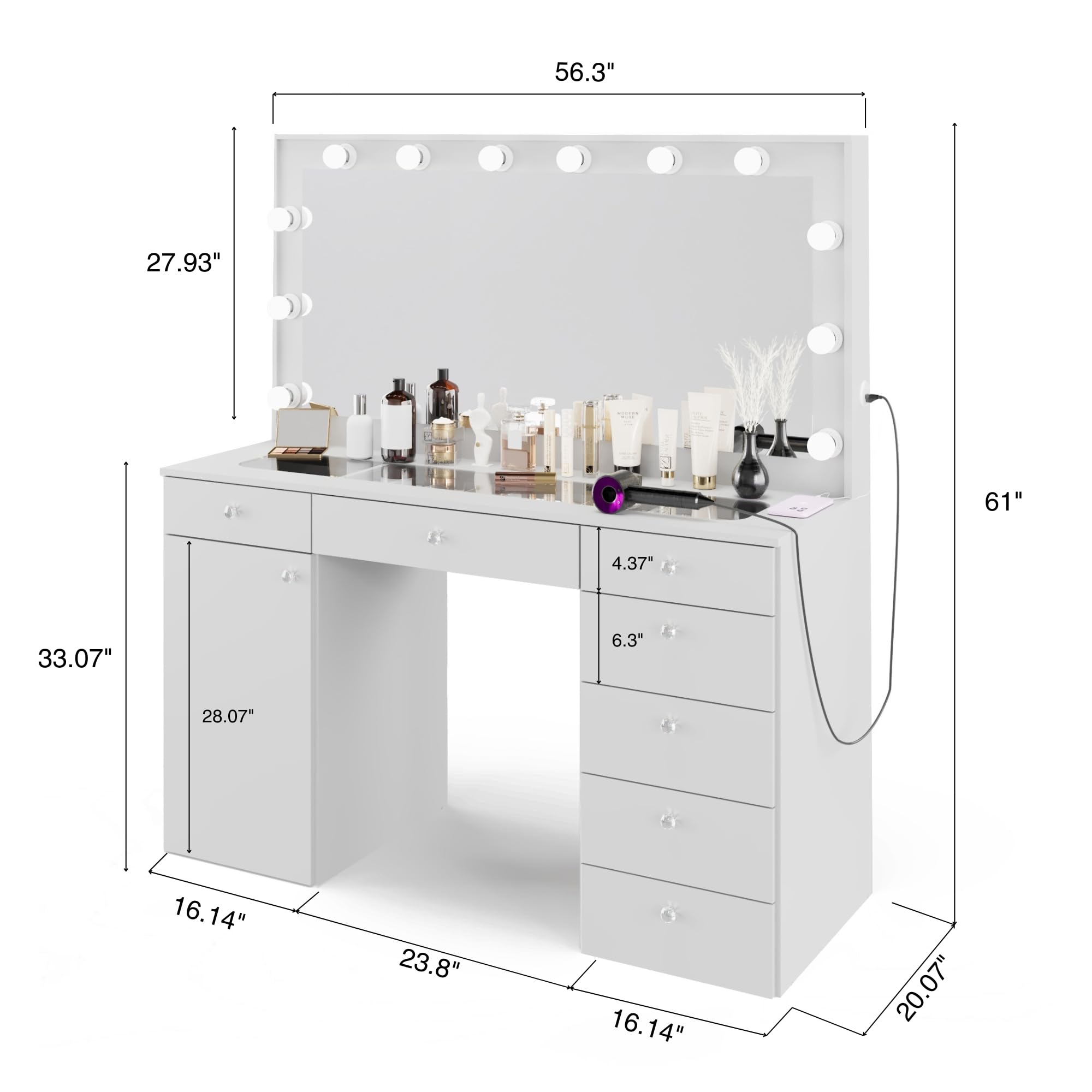 Boahaus Extra Large Makeup Vanity Desk with Built-in Hollywood Mirror Lights, Jezebel, 7 Drawers, USB-C/USB Outlets, White