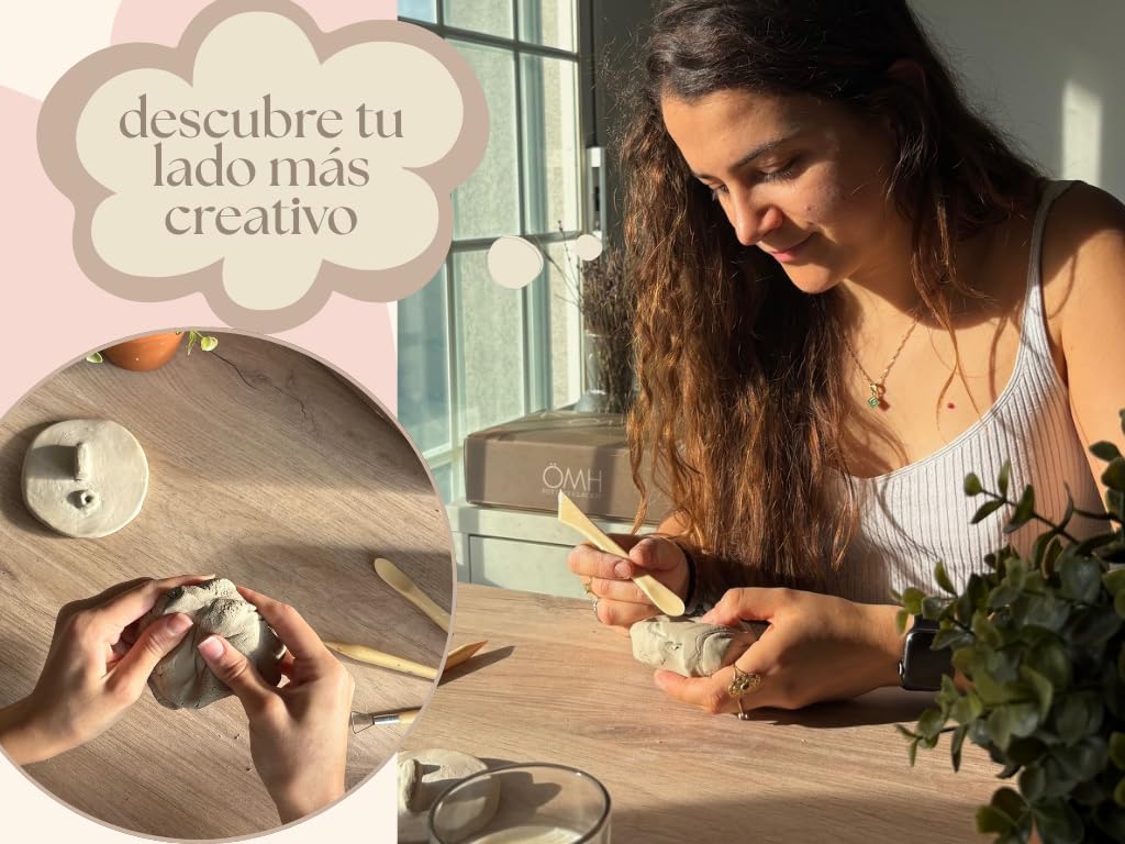 ÖHMYHOME Kit argilla essiccazione all'aria. Set di artigianato ecologico in argilla. Include vernice lucida, vernici pastello, strumenti, pennelli, spugna e manuale in spagnolo e inglese (Premium)