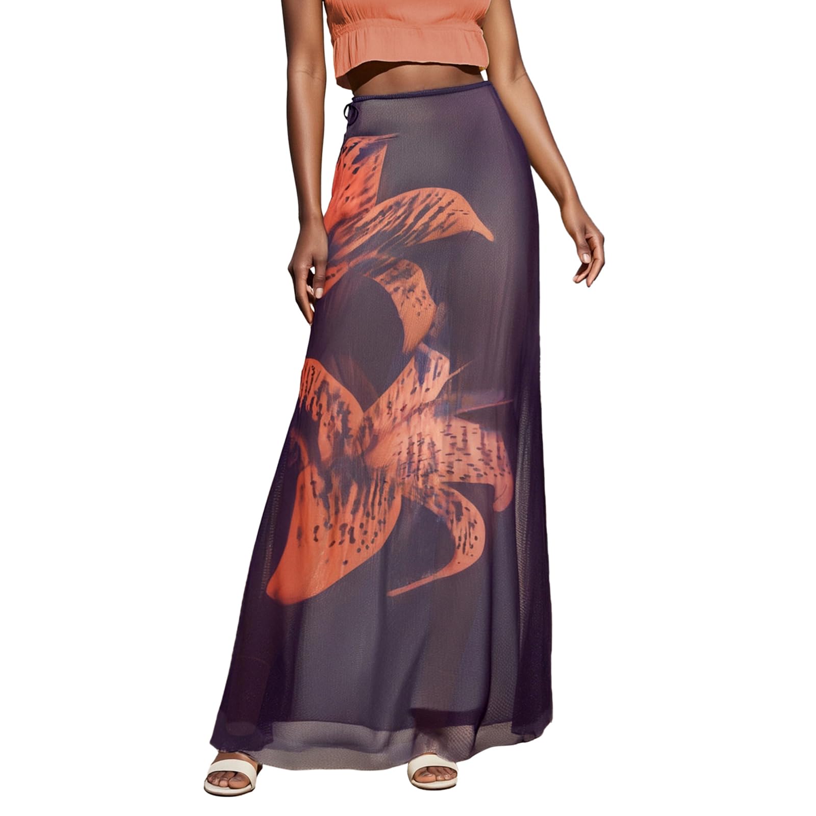 SANSIWU Women Leopard Print Long Skirts Summer Y2k Sheer See Through Bodycon Pencil Skirt Beach Cheetah Maxi Skirts Clubwear (B-05, XL)