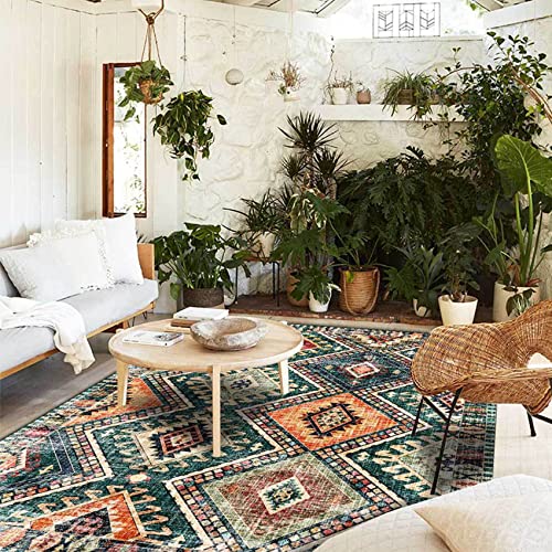 Grand tapis géométrique vintage vert diamant pour intérieur et extérieur pour salon ou terrasse 160 x 230 cm