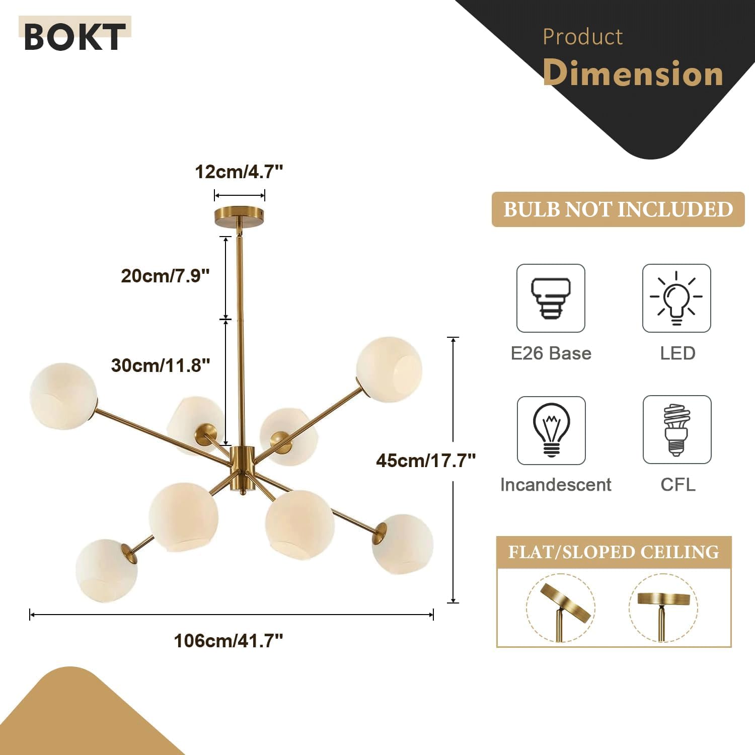 Snapklik.com : 8 Lights Gold Globe Sputnik Chandelier Vintage Milk ...