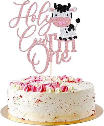 Decoración para tartas, tema de vaca de primer cumpleaños, decoración de papel hecha a mano, 6.2 x 6.8 pulgadas, oro rosa, para niños y niñas,