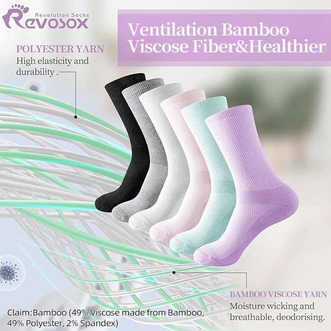 Image of Revosoxs Diabetic Crew Socks for Men Women,Bamboo Viscose Non-Binding Loose Top Wide Socks with Seamless Toe 9-12 10-13