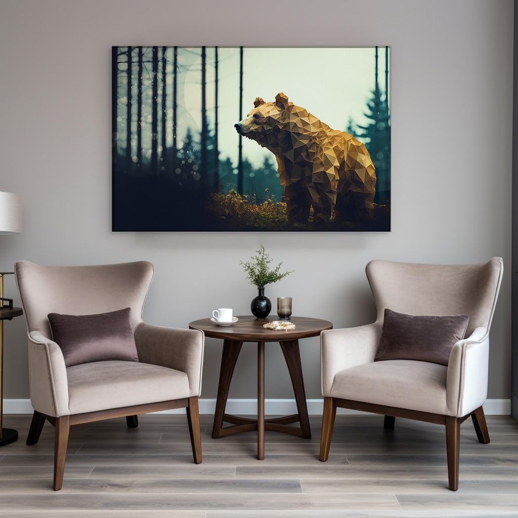 Canvas for Living room. Whispers of the Digital Wild Exploring the Low-Poly Brown Bear's Domain, 27 x 18 inch Canvas Wall Art - Nature Home Decor