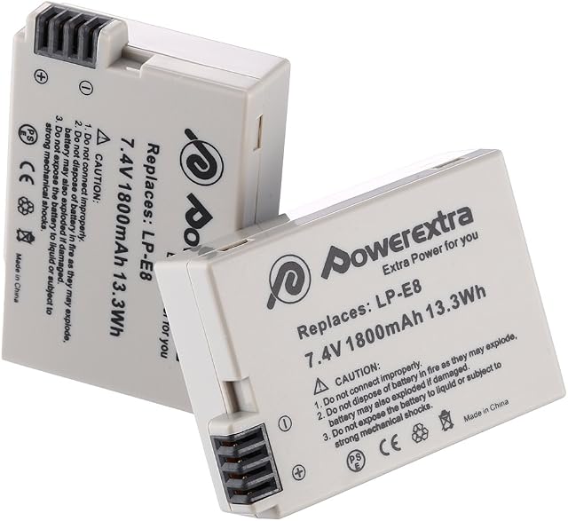 Powerextra 2 Pack LP-E8 Battery,Compatible with Canon EOS Rebel T2i, T3i, T4i, T5i, EOS 700D, 550D, 600D, 650D, Kiss X4, X5, Kiss X6, LC-E8E Digital Camera