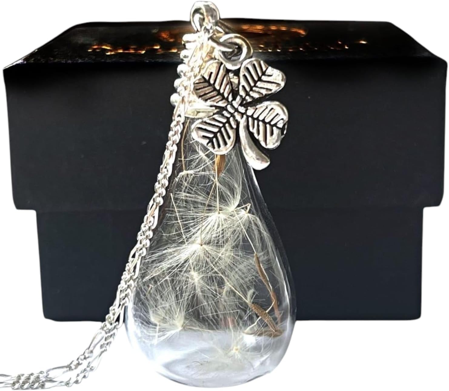 MadamLili Dandelion Necklace | Four Leaf Clover Pendant with Real Dandelion Seeds | 925 Sterling Silver Jewelry | Handmade Necklace for Women | Unique Birthday Gift for Her & Mom