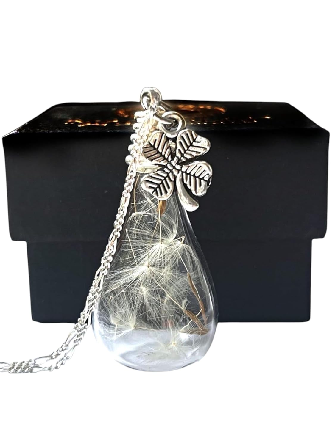 MadamLili Dandelion Necklace | Four Leaf Clover Pendant with Real Dandelion Seeds | 925 Sterling Silver Jewelry | Handmade Necklace for Women | Unique Birthday Gift for Her & Mom