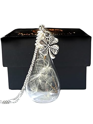 MadamLili Dandelion Necklace | Four Leaf Clover Pendant with Real Dandelion Seeds | 925 Sterling Silver Jewelry | Handmade Necklace for Women |