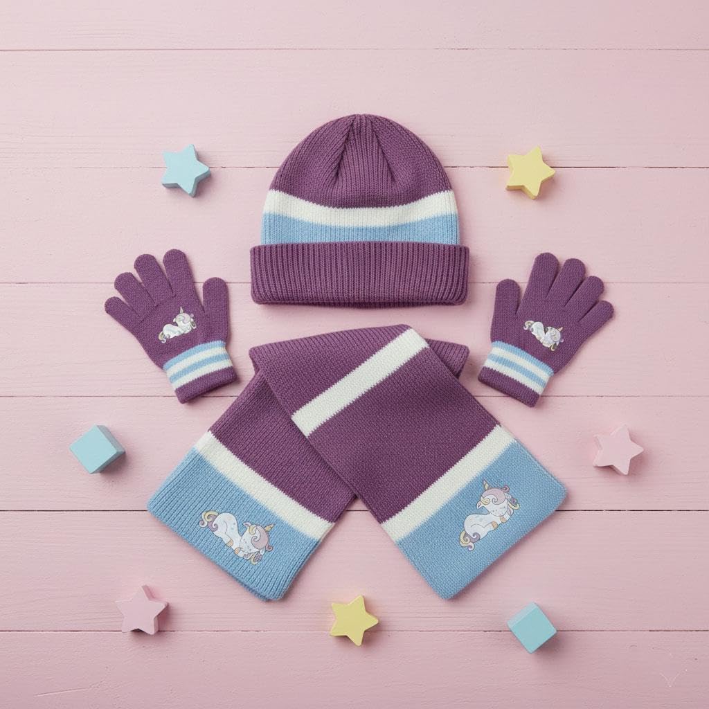 A2Z 4 Kids Girls Hat Scarf Gloves Set Knitted Unicorn Scarf Beanie Ear Flap Cap Gloves Set Durable Cozy Accessories Sets