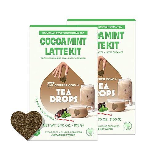 Tea Drops Kit de café con leche de cacao y menta, té orgánico sin bolsa, helado o caliente, sin cafeína y sin microplásticos, crema de moca de menta
