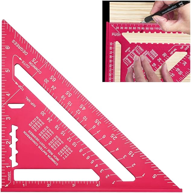 WENRERO 7 Inch Triangle Ruler Aluminum Alloy Speed Square Protractor High Precision Carpenters Rafter Square Roofing Layout Measuring Tool for Engineer Carpenter Woodworking, Imperial, Red