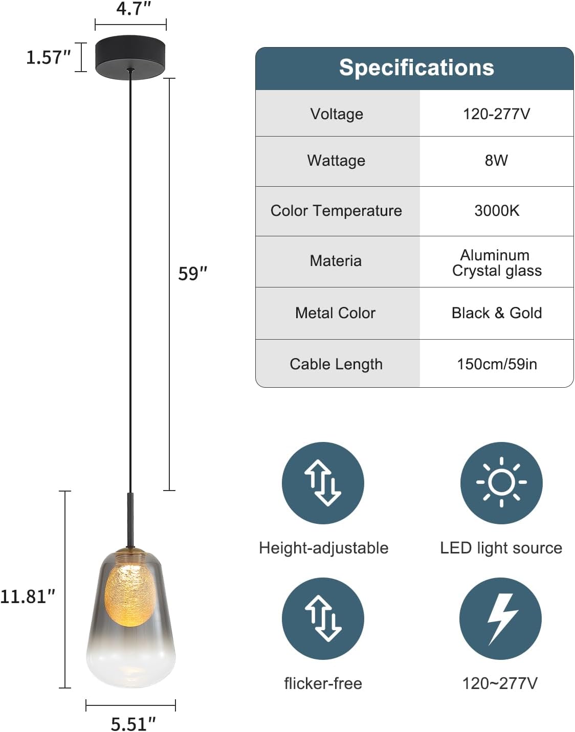 Modern Amber Silk Liner Pendant Light, Gradient Smoked Glass Light Luxury Ceiling Lamp,Dimmable Hanging Light for Kitchen Island Dining Room & Bedroom