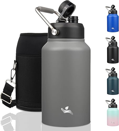 Miniatura 46 de Jarra de medio galón con asa, botella de agua aislada de 64 oz con bolsa de transporte, botella de metal de acero inoxidable de doble pared con Día