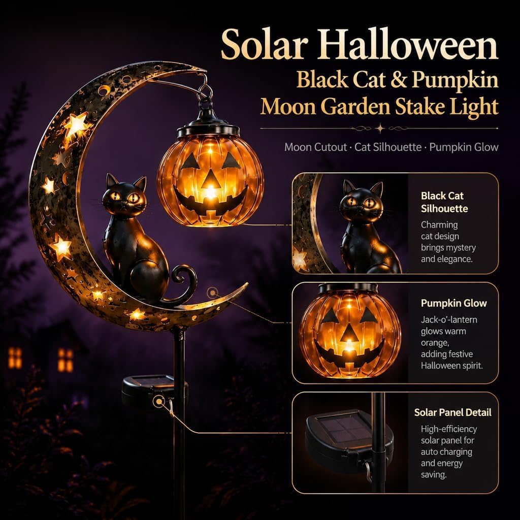 Solar Halloween Black Cat Pumpkin Moon Garden Stake Light image 2