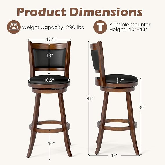 COSTWAY Bar Stools Set of 2, 360 Degree Swivel, Accent Wooden Swivel Seat Bar Height Stool, Leather Upholstered Design, PVC Cushioned Seat, Perfect for Dining and Living Room (Height 29)