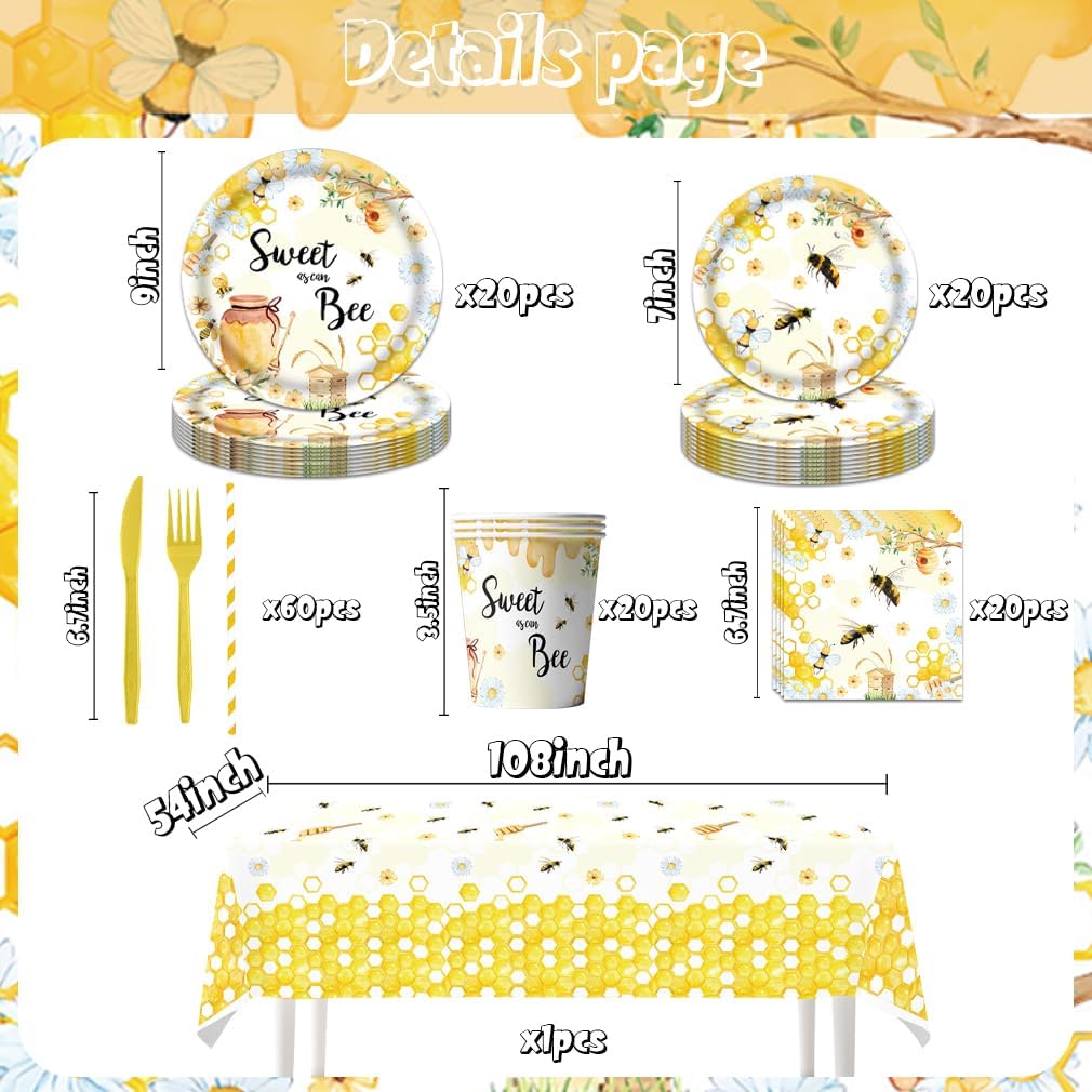 141Pcs Sweet As Can Bee Theme Party Supplies Tableware Set Bee Baby Shower Decorations for Birthday and more Serve 20 Guests