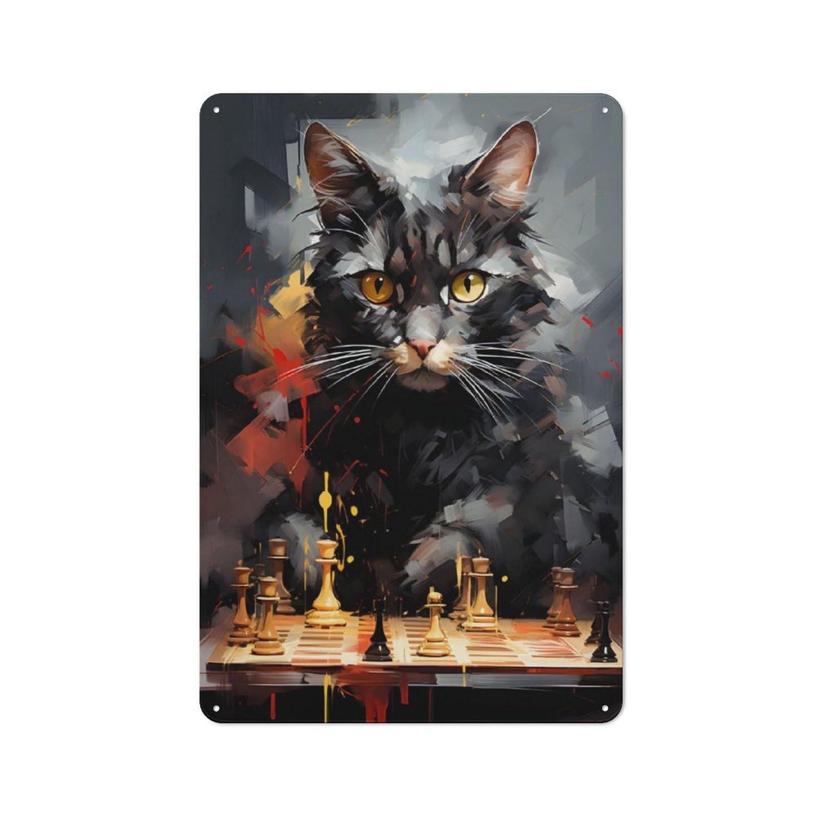 Junmoney Cat Chess Master Painting Rustic Tin Sign 30X20cm Featuring For Bar Or Restaurant, Seasonal Metal Wall Decor For Autumn Interiors