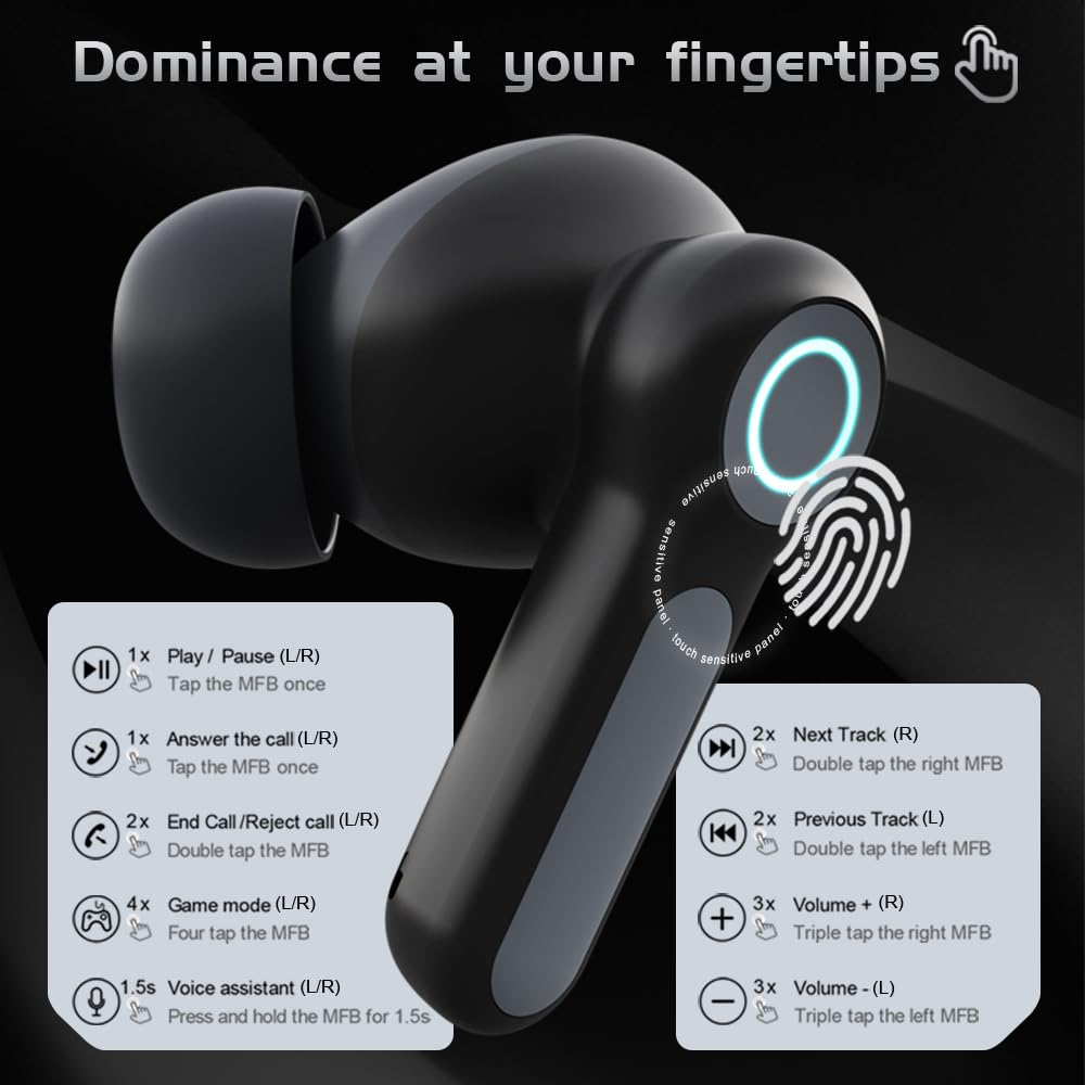 G07 - Auricolari wireless con luce LED RGB da gioco, 40 ms, bassa latenza, doppia modalità di gioco e musica, cuffie wireless con 40 ore di lavoro IPX5 impermeabili (nero)