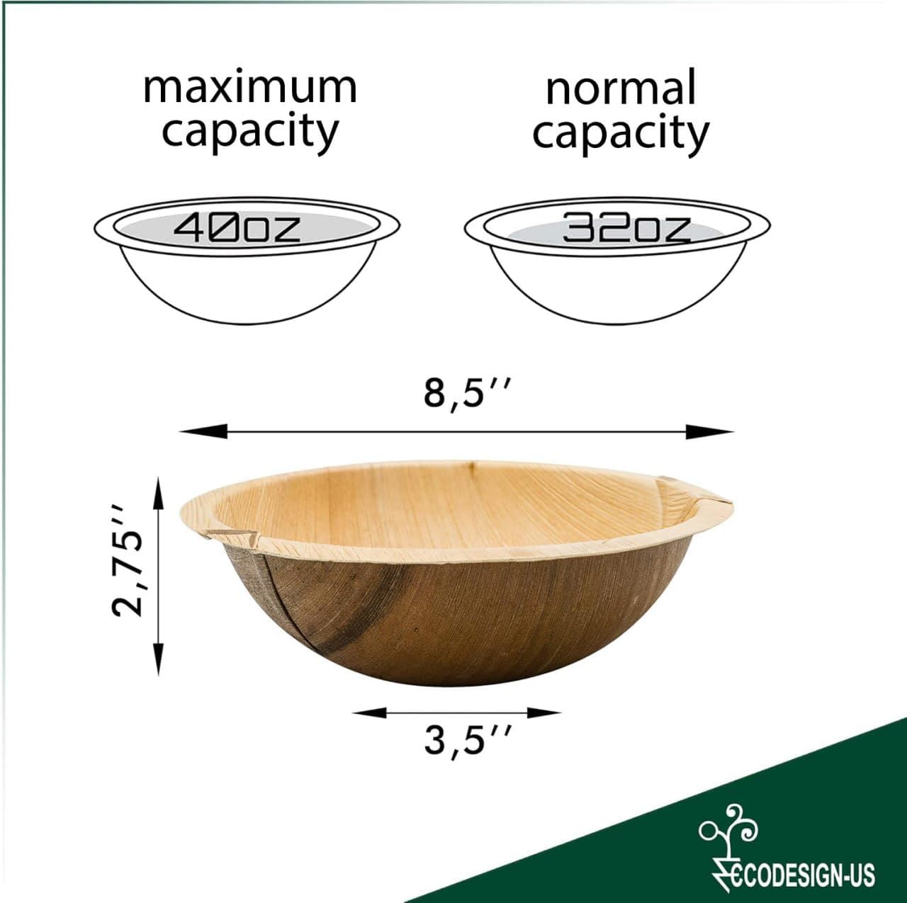 40 oz Palm Leaf Serving Bowls – 25 Natural Disposable Deep Bowls – Rustic-Style Dinnerware for Parties and Catering – Palm Leaf Alternative to Bamboo Plates