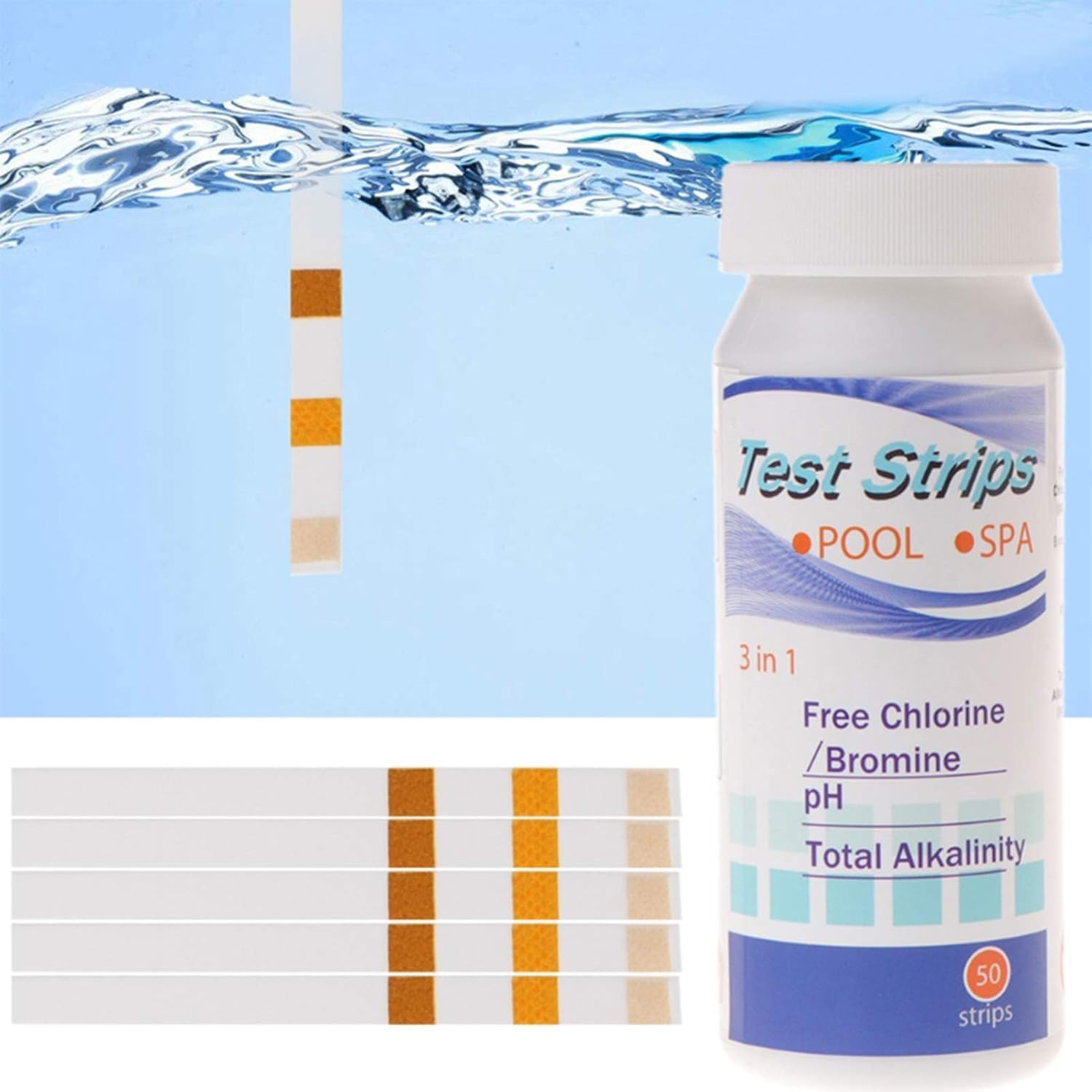 Plopex 3-in-1 Pool and Spa Test Strips, 50 Strips, Tests Chlorine/Bromine, pH, Total Alkalinity, Quick & Accurate test for Swimming Pool, Aquarium, Spa 3