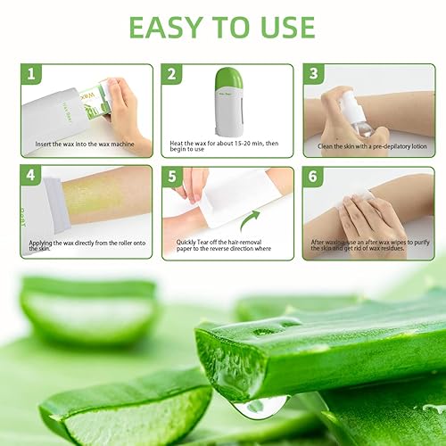 Miniatura 7 de Kit de cera enrollable, kit de rodillo de cera de oso para depilación, kit de depilación con cartucho de cera de aloe, 20 tiras de cera, 5 toallitas