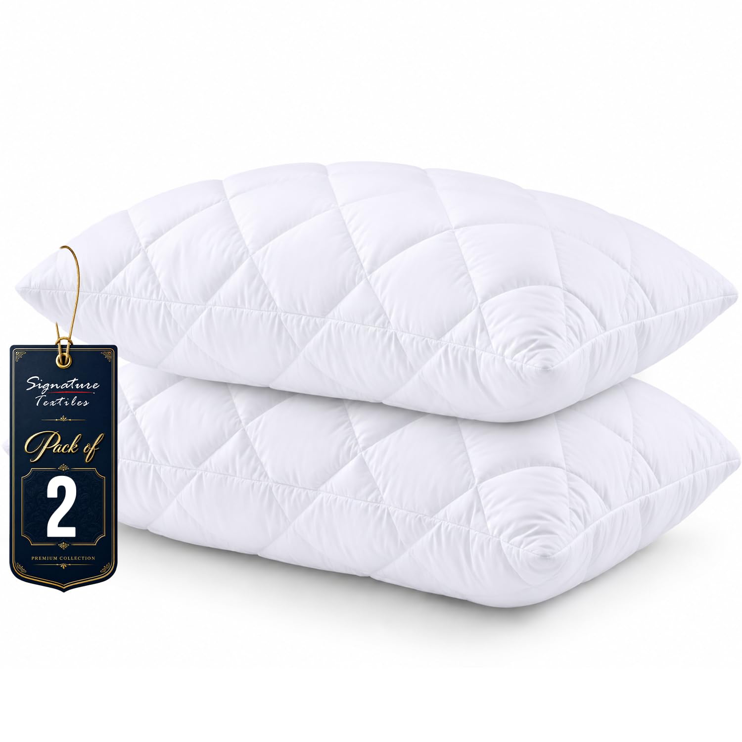 Hotel Quality Quilted Pillows 2 Pack โ Soft Hollowfibre Filling, Hypoallergenic Bounce Back Bed Pillows for Side, Back & Stomach Sleepers โ Breathable Quilted Cover, Machine Washable Standard Size