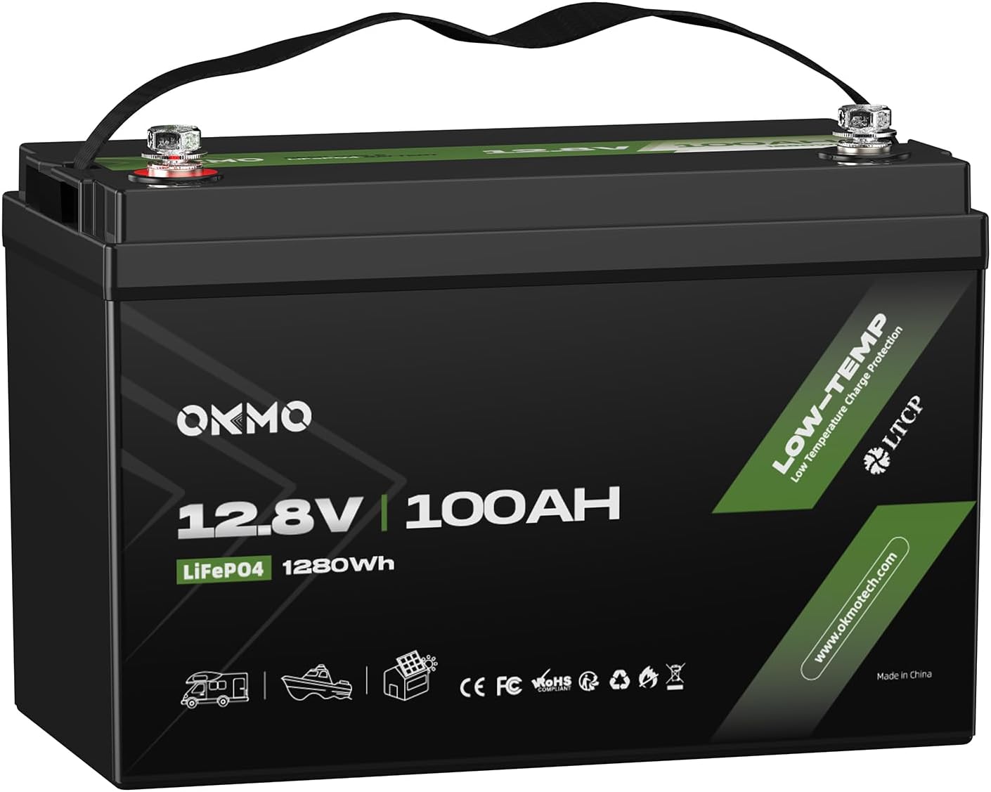 OKMO 12V 100Ah LiFePO4 Battery, Lithium Battery 100A BMS, 10 Years Lifetime 15000+ Deep Cycles,for Marine, RV, Trolling Motor, Boat, Camper, Solar Home Iron Phosphate, Low Temperature Protection