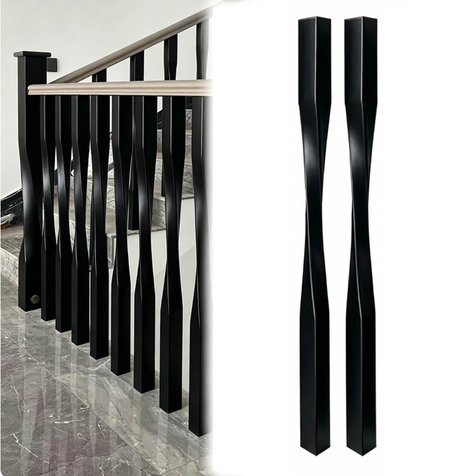 JFBLSD Solid Wood Stair Balusters, Indoor Stair Railing Spindles 37 Inch, Contemporary Staircase Spindles Bundles Handrail Parts, Twist Pole Square Column Post/Handrails(Black,2Pcs)