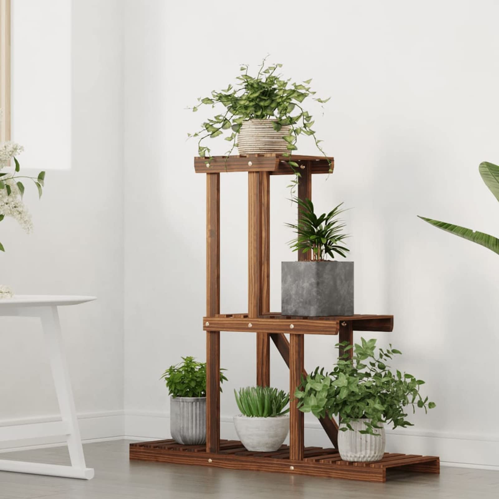 LAPOOH Blumenständer, Pflanzentreppe Outdoor, Blumentreppe Draußen, Pflanzenregal, Pflanzenständer, Balkon Möbel, Blumenregal, 81x25x75,5 cm Massivholz Tanne