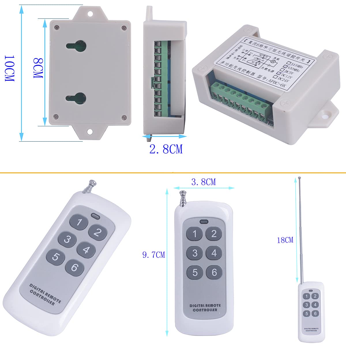 433mhz DC 12V 6 canaux Télécommande sans fil Commutateur de relais à distance 12V Émetteur et récepteur Contrôleur de fenêtre de porte de lumière de moteur universel (12V-24V/ 2* Contrôle 433MHz)