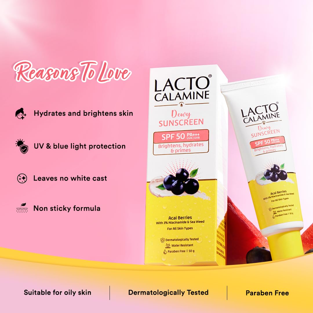 Lacto Calamine Dewy Glow Lightweight Sunscreen SPF 50 PFA +++ UVA & UVB Protection-Oily Skin | Acai Berries, Niacinamide & Watermelon | Dermatologically Tested | 50g 3