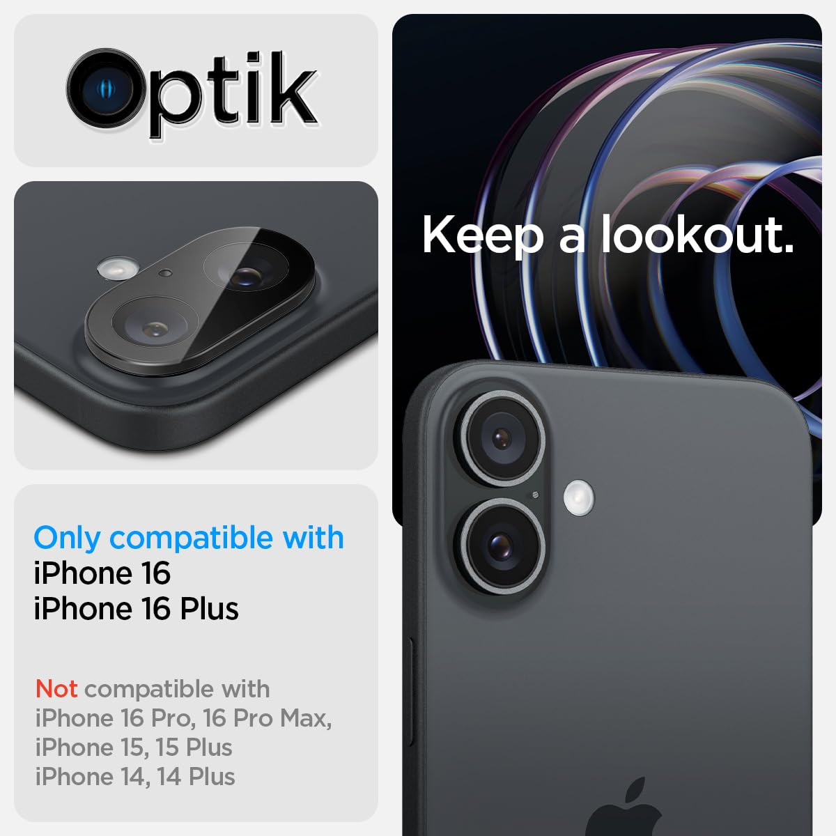 Spigen Glas.tR Optik Protector de Cámara para iPhone 16, iPhone 16 Plus, 2 Unidades, Negro, Instalación Fácil, Dureza 9H, Anti-Arañazos