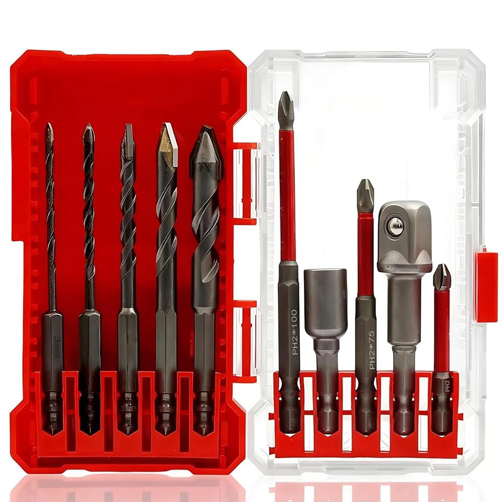 Aundhegrtt As Shown Drill Bit Set 10-Pieces Multi-Material Including Hex Shank Extension Bars And Socket Adapter