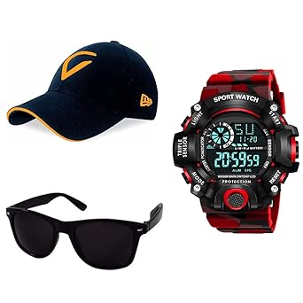 Puthak Digital Sports Watch, Multi-Functional Watch for Boys & Men with Cap and Sunglasses, Combo Pack of 3-PTHK2601
