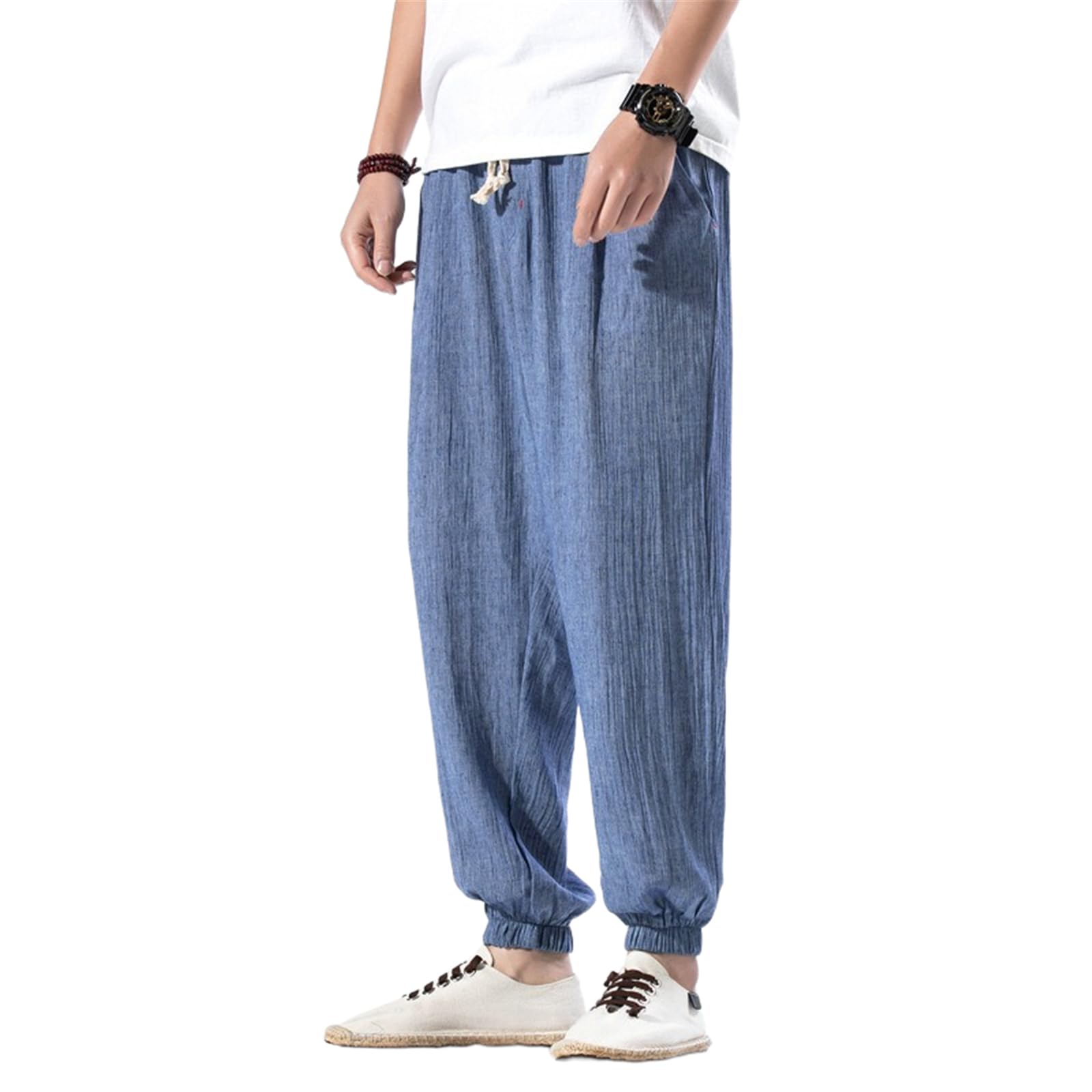 Stile Cinese Pantaloni in Lino Uomo, con Polsini Casual Estate Pantaloni da Spiaggia